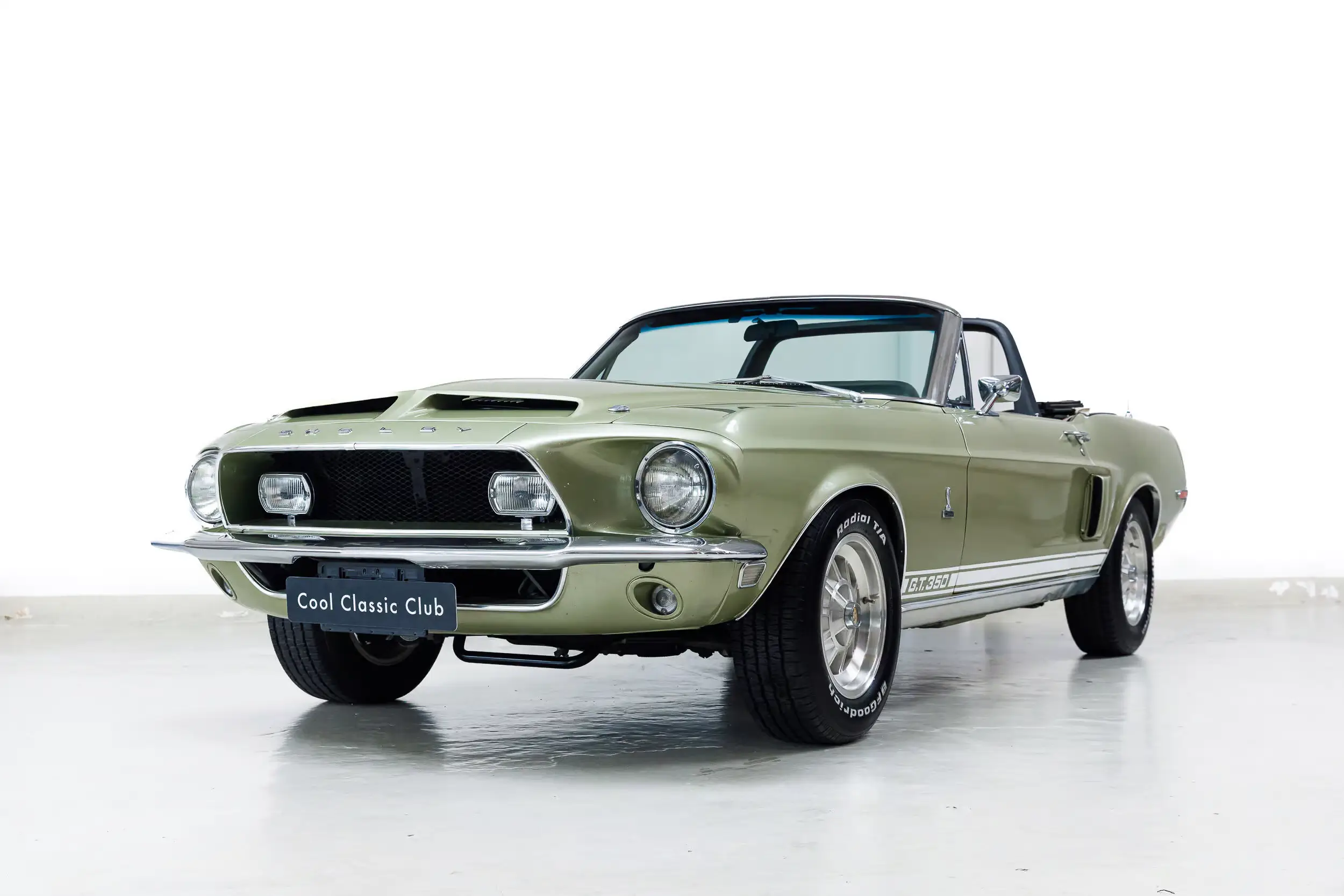 Front oblique view of the 1968 Diamond Green Shelby Mustang GT350
