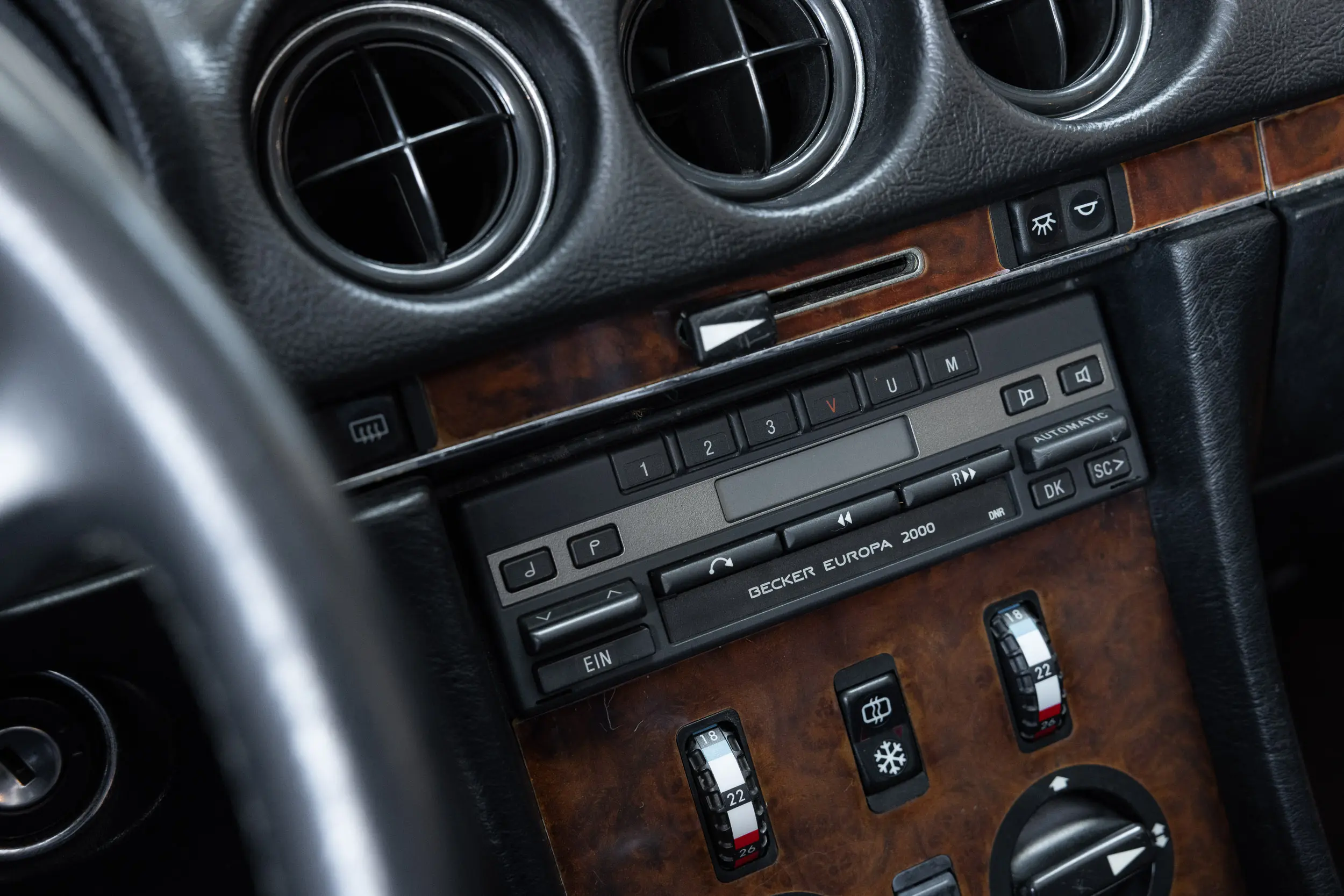 View of stereo in center console of an Mercedes-benz 300 SL R107 1986