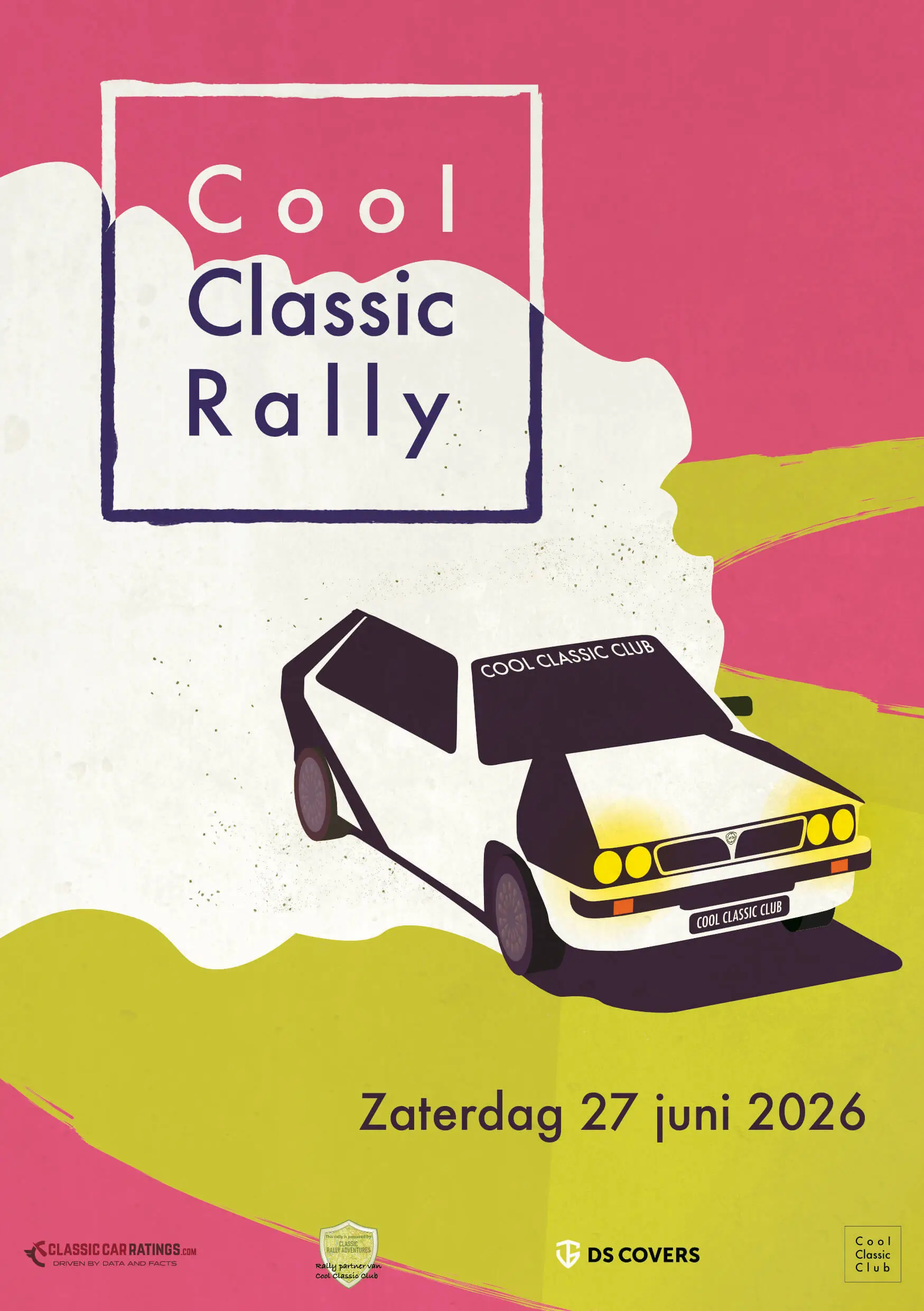 Flyer van de Cool Classic Rally van 2026, met een illustratie van een Lancia Delta met daarachter een grote stofwolk
