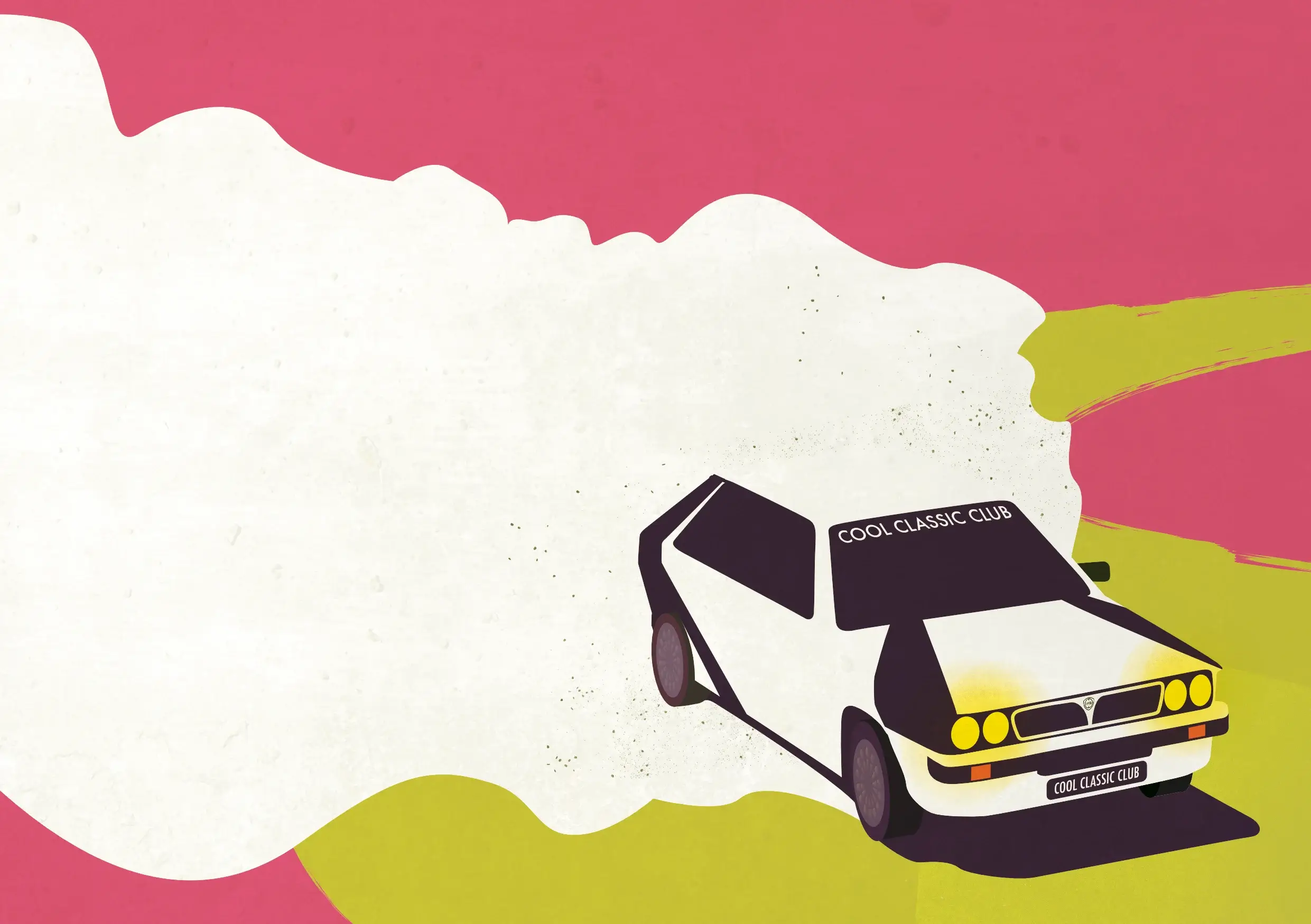 Flyer der Cool Classic Rally 2026 mit einer Abbildung eines Lancia Delta mit einer großen Staubwolke dahinter