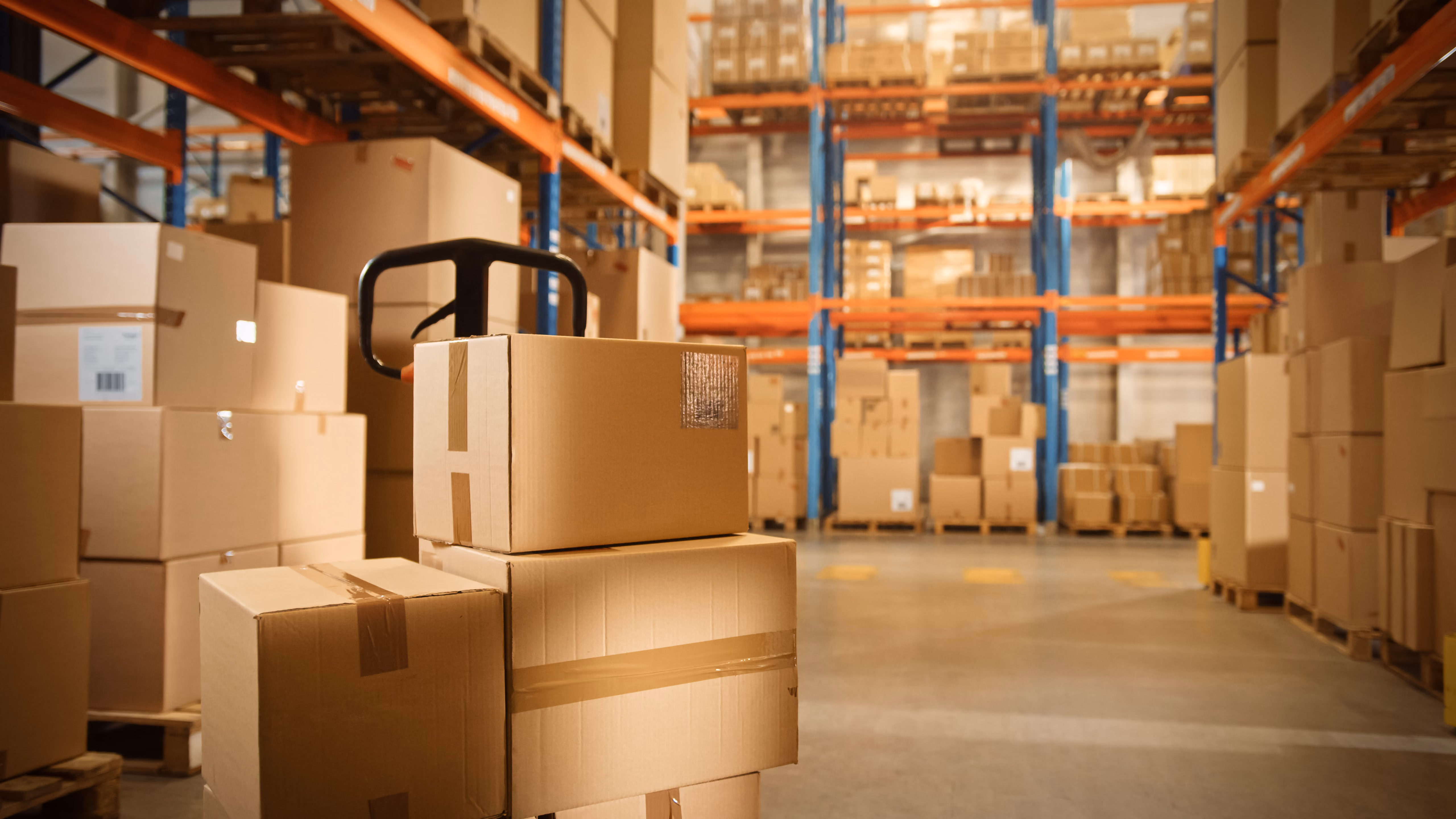 Brown cardboard boxes on shelving in a warehouse