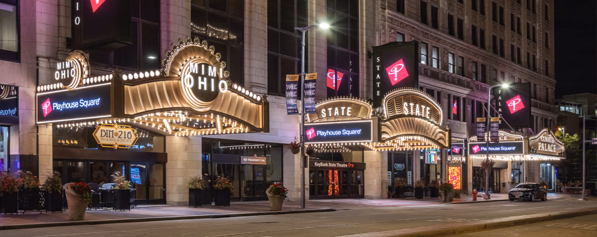 The exterior of Playhouse Square - an historic stone building with marquees extending from the front of the building