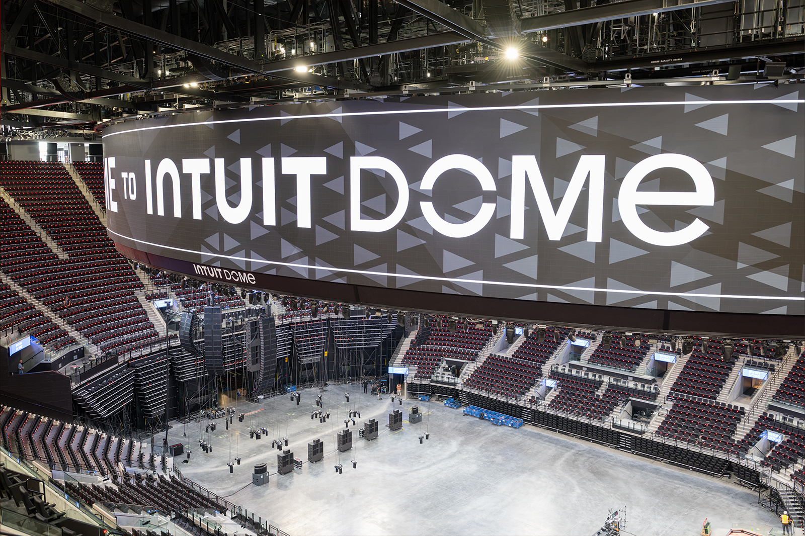 A close up, aerial view of the giant halo LED screen at Intuit Dome