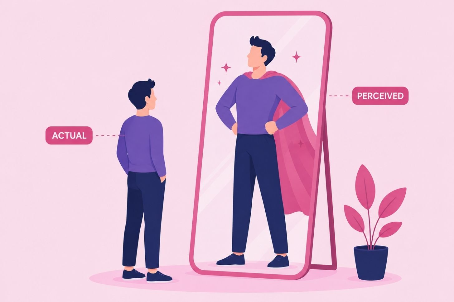 Illustrazione editoriale in stile piatto che raffigura un professionista in piedi davanti a uno specchio, il cui riflesso mostra una figura più grande e imponente, a rappresentare l’eccessiva sicurezza di sé come discrepanza tra la percezione che si ha di sé e la realtà.