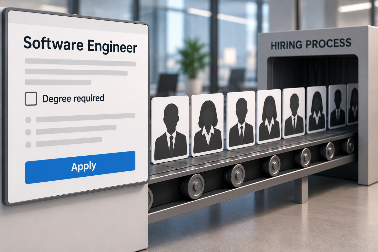 A job posting with the "degree required" box unchecked, while the same identical candidate silhouettes still flow through the hiring pipeline.