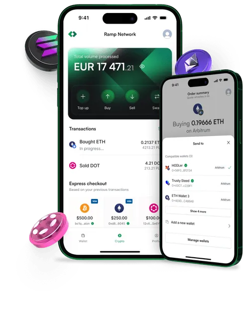 Two smartphones displaying the Ramp Network app interface — the left screen shows the main dashboard with total volume processed, recent transactions, and express crypto checkout options, while the right screen shows an order summary for buying 0.19666 ETH on Arbitrum and a list of compatible wallets. Floating crypto-themed 3D icons (Solana, Ethereum, Polkadot) surround the phones.