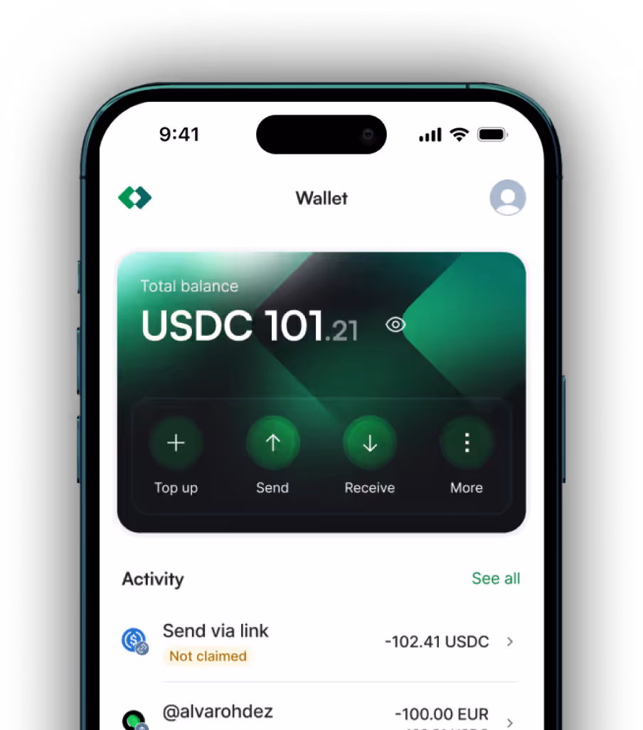 Ramp Network wallet screen displaying total balance of 2137.21 USDC with buttons for Top up, Send, Receive, and More.
