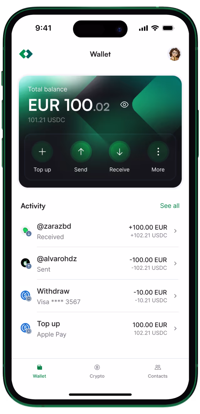 Ramp Network wallet overview showing total balance of 100.02 EUR (101.21 USDC) with Top up, Send, Receive, and More buttons, and a recent activity list of received, sent, and withdrawn transactions.