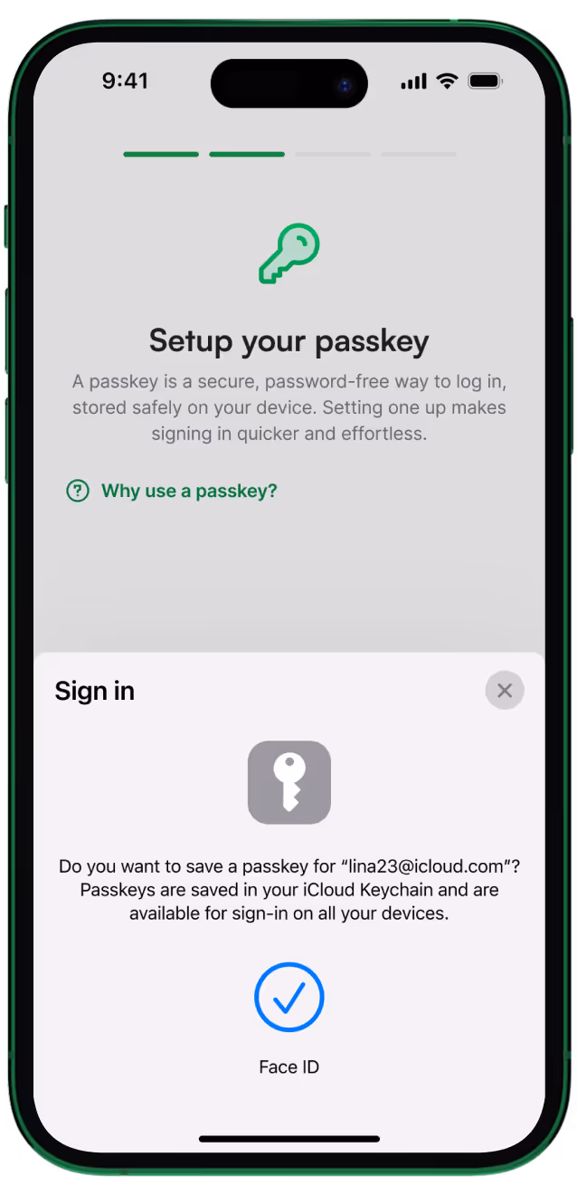 Setup your passkey screen explaining that a passkey is a secure, password-free way to log in, followed by a Face ID prompt to save a passkey for a user’s iCloud account.