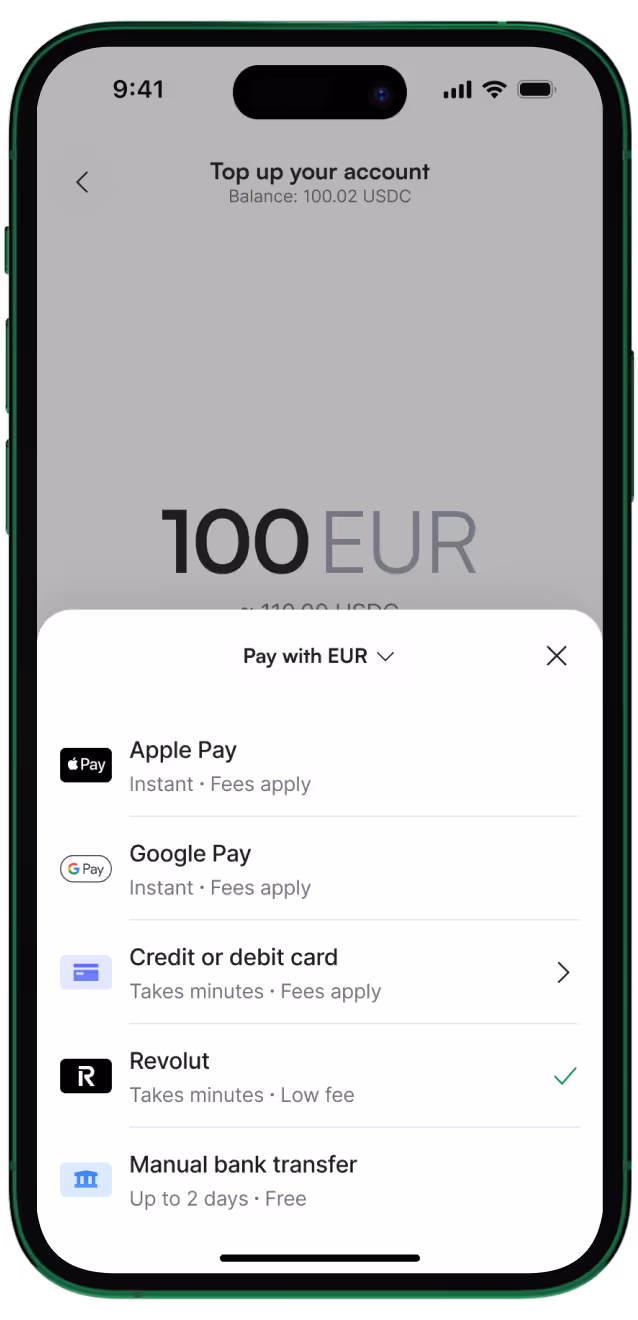 Top-up screen in the Ramp Network app showing 100 EUR selected and payment options below, including Apple Pay, Google Pay, credit or debit card, Revolut, and manual bank transfer.