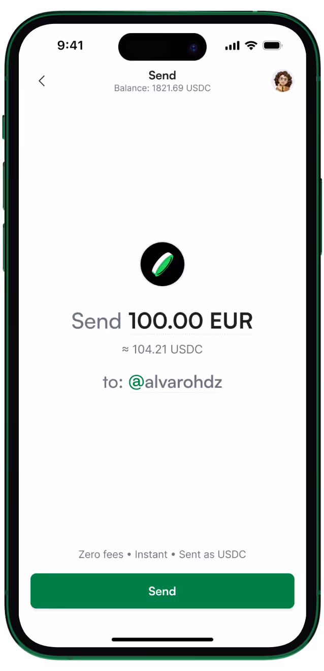 Send screen in the Ramp Network app showing a transaction of 100 EUR (≈104.21 USDC) being sent to @alvarohdz, with a balance of 1821.69 USDC and a green Send button below.