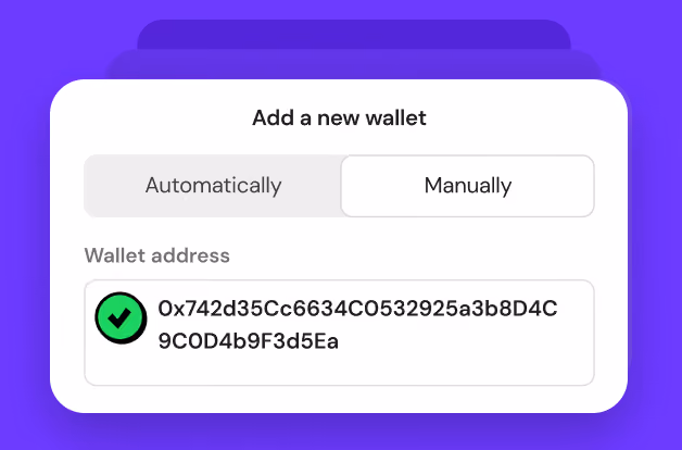 Interface for adding a new wallet with automatic and manual tabs and a verified wallet address shown.