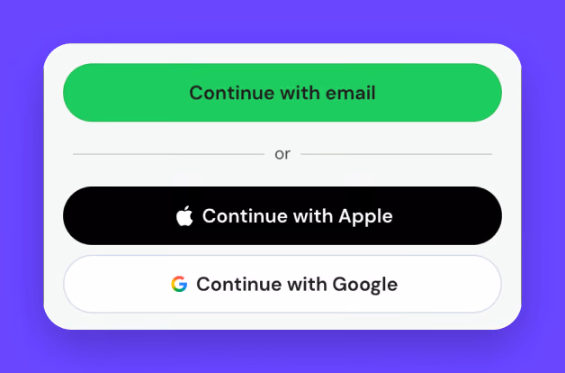 Sign-in options with buttons to continue with email, Apple, or Google on a purple background.