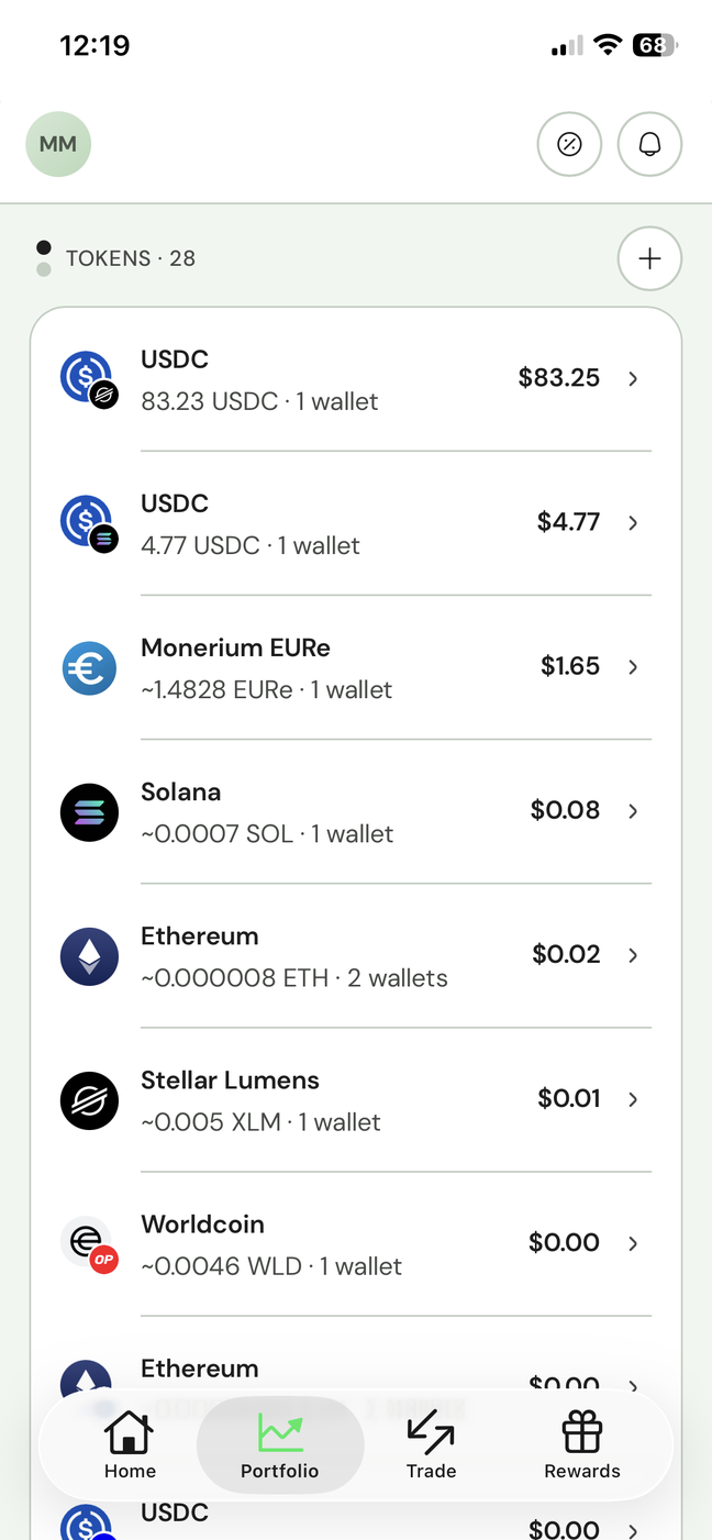 Ramp app portfolio screen listing tokens across wallets