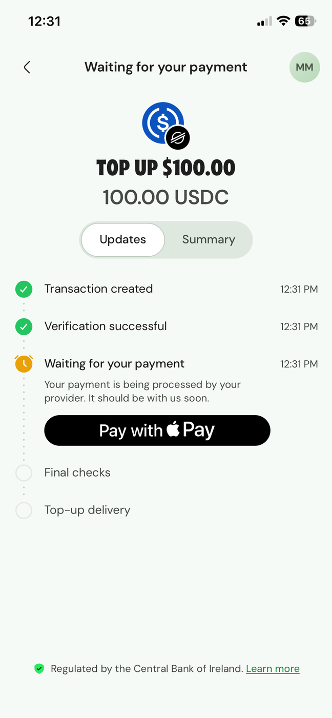 Ramp app top-up screen waiting for payment