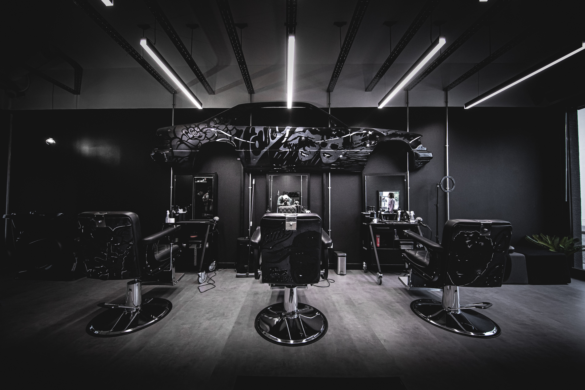 Back view of a interior of a hair salon