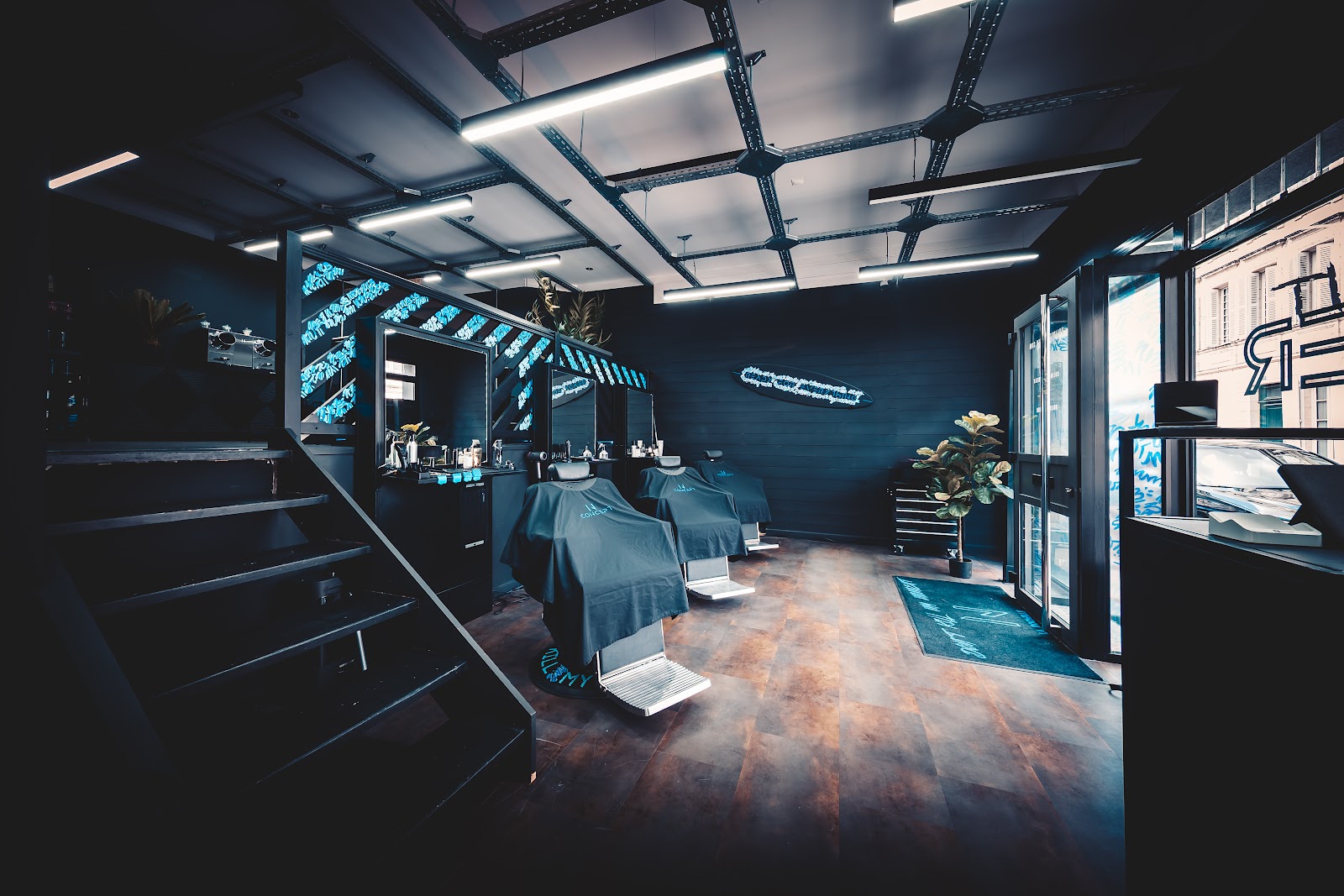 Back view of a interior of a hair salon