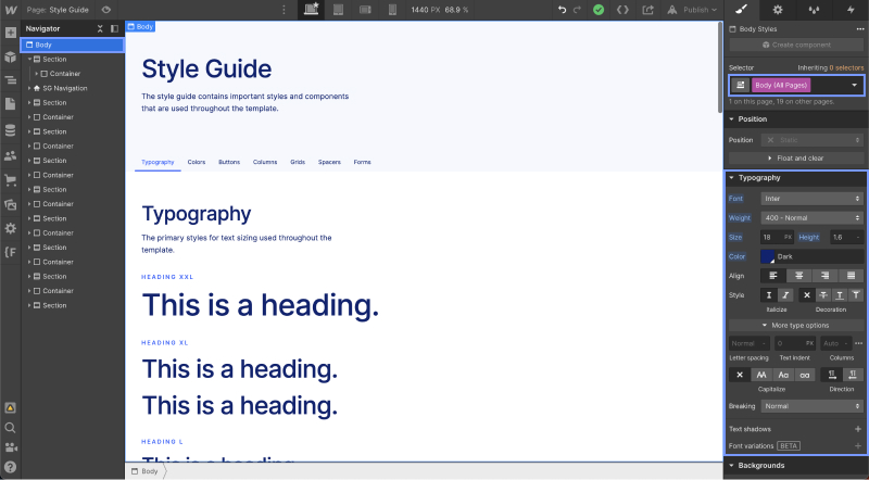 Screenshot of updating text styles