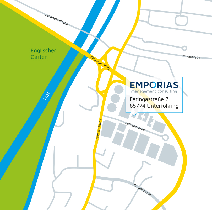 Stadtplan von Unterföhring mit Pfeil auf den Firmensitz von EMPORIAS