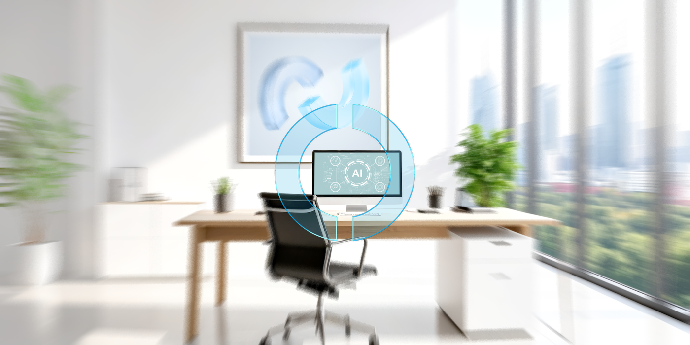 Ein Arbeitsplatz mit einem Monitor, der KI-Grafiken zeigt, steht symbolisch für die KI-Transformation – gestaltet und begleitet durch die Expertise von EMPORIAS.