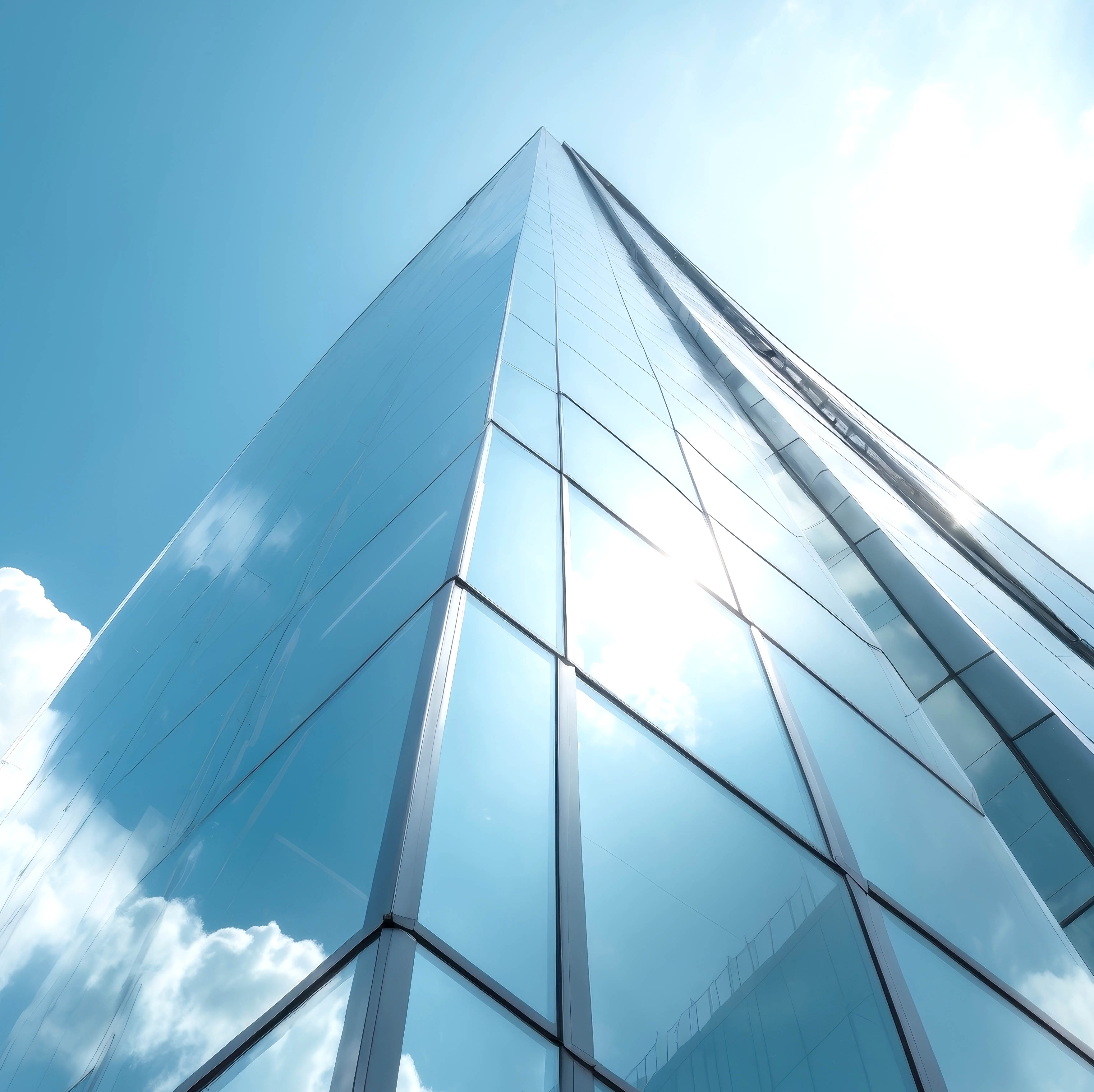 Spitze eines modernen Glasgebäudes, das in einen hellen, blauen Himmel ragt. Zentral darüber liegt die EMPORIAS Lupe als transparentes, kreisförmiges Grafikelement.