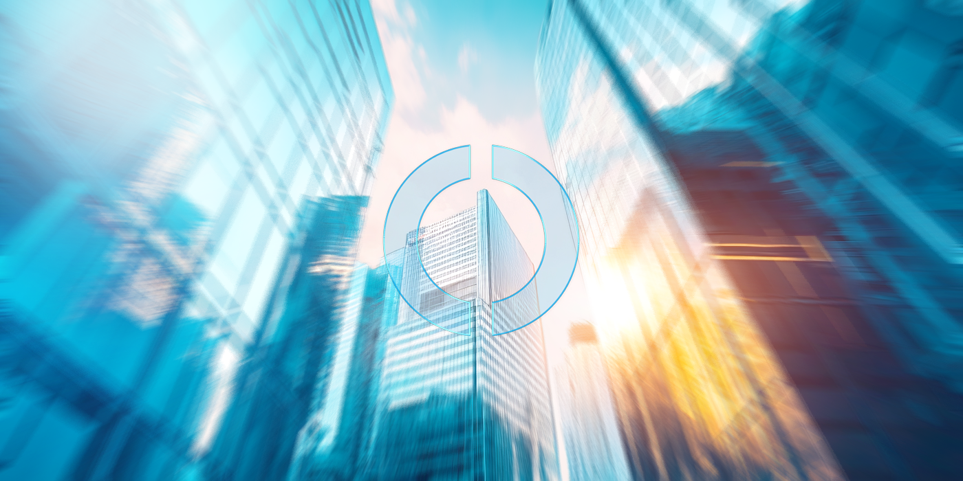 Futuristische Stadtansicht mit Hochhäusern, überlagert von der kreisförmigen EMPORIAS Lupe als zentrales Gestaltungselement.