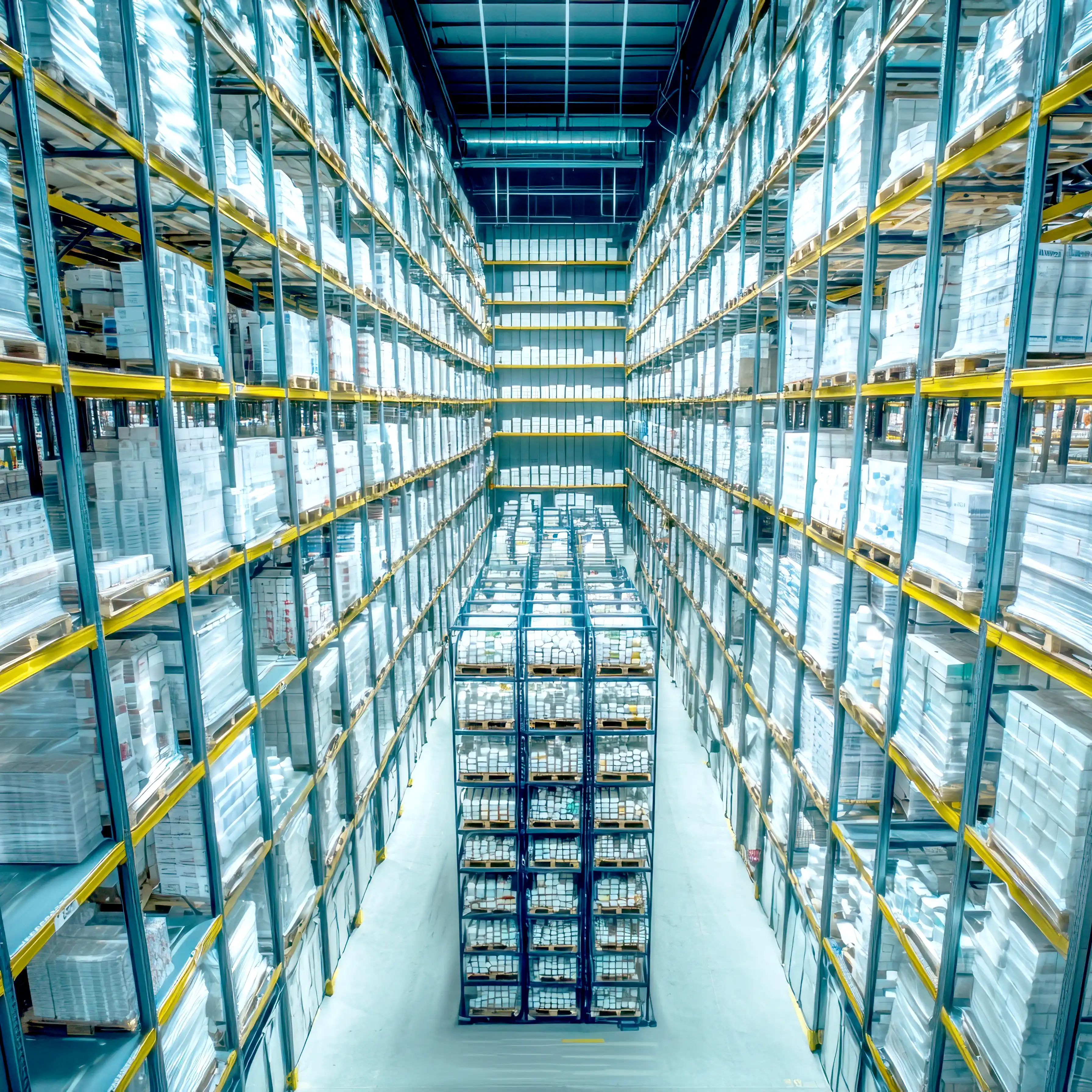 Ein Hochregallager gefüllt mit medizinischen Produkten.