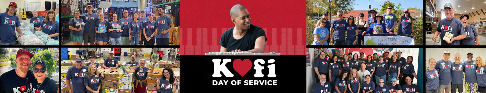 Kofi Burbridge Day of Service banner: collage of volunteers at past service events around the Kofi Day of Service logo