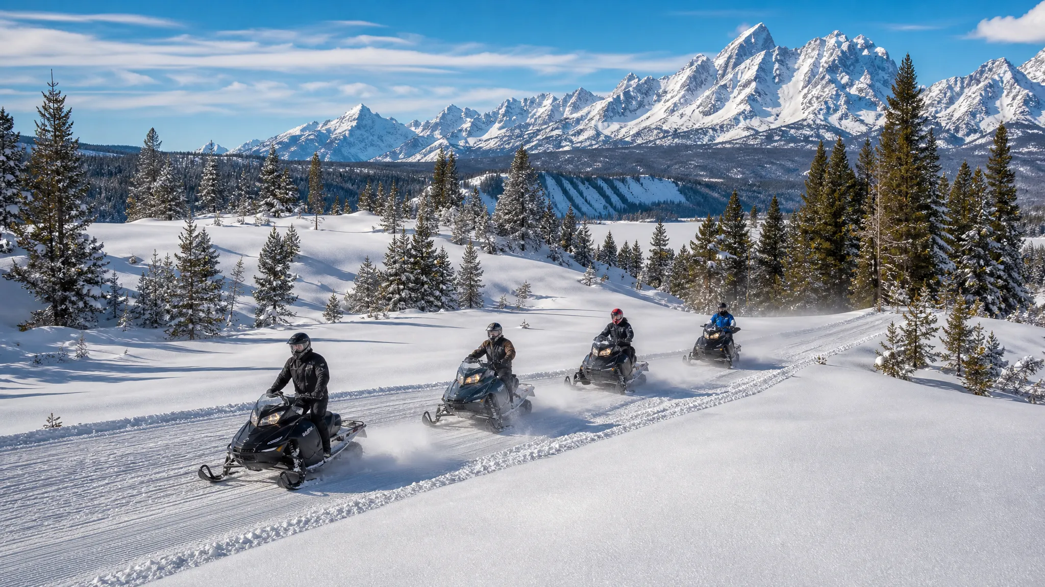 Guided snowmobile group riding a groomed trail near Jackson Hole