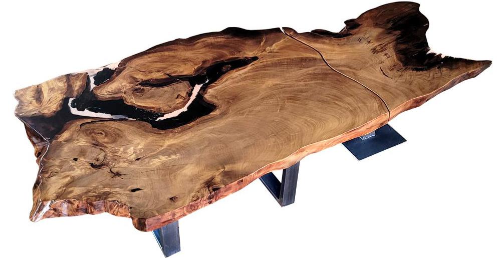 Großer Designer Esstisch aus organischem Wurzelholz mit zwei Tischplatten, urwüchsiger Tisch als besonderer Esstisch mit kleinem Beistelltisch