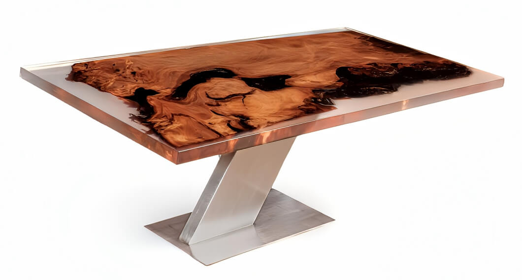 Außergewöhnlicher Designtisch und moderner Esstisch mit ausgefallener Wurzelholz Tischplatte in hochwertigem Epoxidharz als einzigartiger Epoxidharztisch