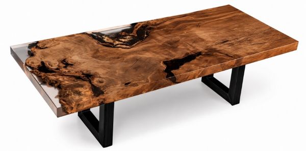 Exklusiver Design Tisch mit besonderer Tischplatte aus außergewöhnlichem massiv Holz, einzigartiger Holztisch von Designtisch Manufaktur als Kunstwerk