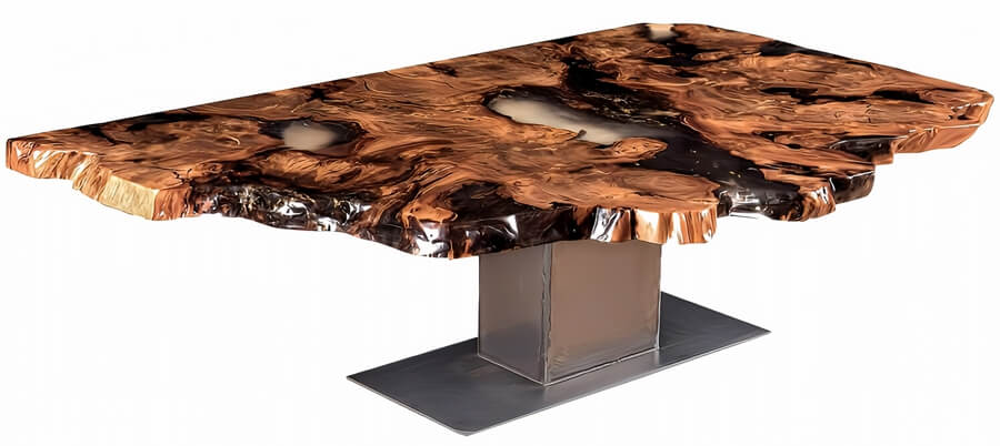 Pflegeleichter Esstisch und exklusive Kunstwerk mit markanten Naturkanten nach Wunsch handgefertigt als extravaganter Naturholztisch und Wohnzimmertisch