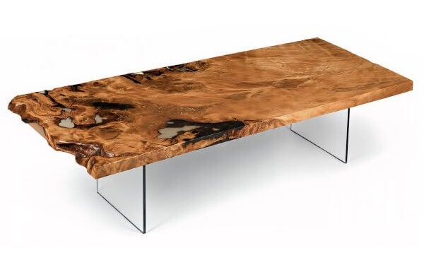 Moderner Designtisch mit einmaliger schöner Wurzelholz Tischplatte mit eleganten Glasfüßen als faszinierender Esstisch