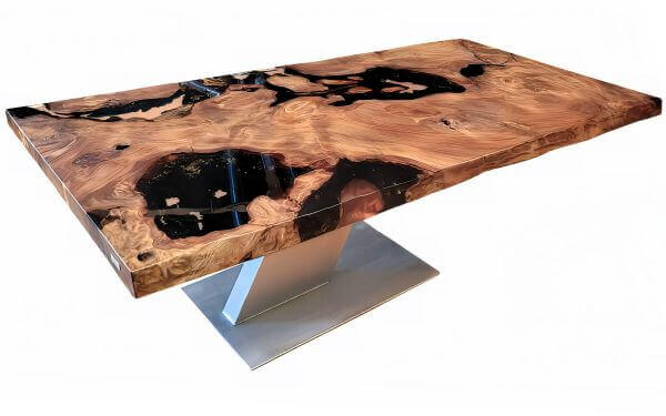Echtholztisch mit unvergleichlicher Massivholz Tischplatte aus Wurzel und Baumstammholz ein Stück als außergewöhnlicher Holztisch von Designtisch Manufaktur