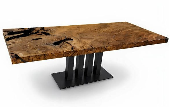 Esstisch und außergewöhnlicher Designtisch als moderner Designer Esstisch mit Massivholz Tischplatte in Epoxidharz in Manufaktur handgefertigt nach Maß