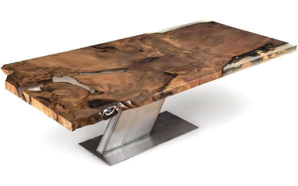Ausgefallener Tisch und einzigartiger Epoxidharztisch als Designertisch und Designer Esstisch mit massiver Wurzel Holz Tischplatte ein Stück mit hochwertigem Epoxidharz