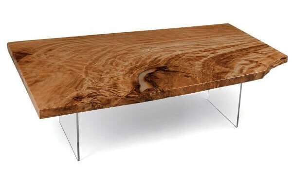Design Tisch und spezieller Designer Esstisch mit massiver Holz Tischplatte aus Baumstammholz und Wurzel mit hochwertigen Glasfüßen, schöner Baumstammtisch