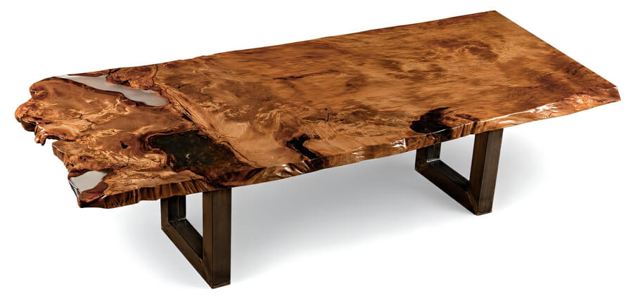 Großer Designer Esstisch und hochwertiger Echtholztisch mit massiver Tischplatte aus Wurzelholz und Baumstammholz an einem Stück gewachsen als funktionaler Designtisch