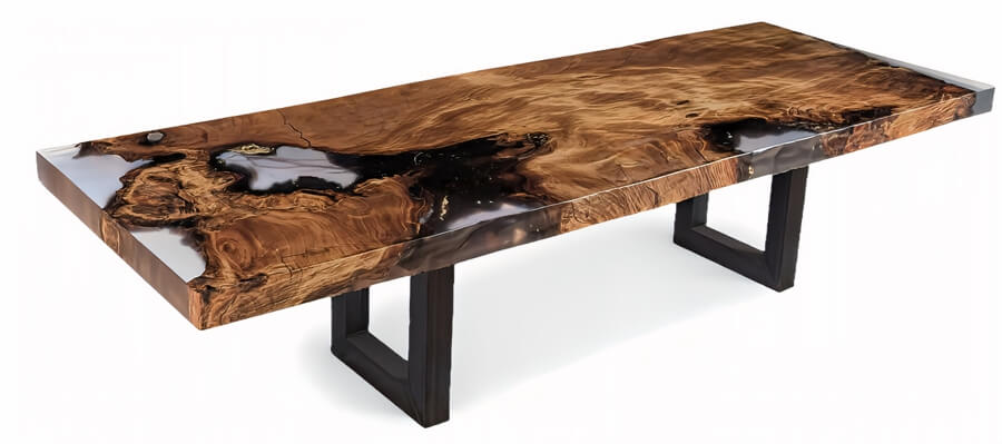 Beeindruckender Designer Esstisch mit großer kunstvoller Tischplatte Massivholz ein Stück original mit Gold Bernstein als exklusiver Goldtisch und außergewöhnlicher Designtisch