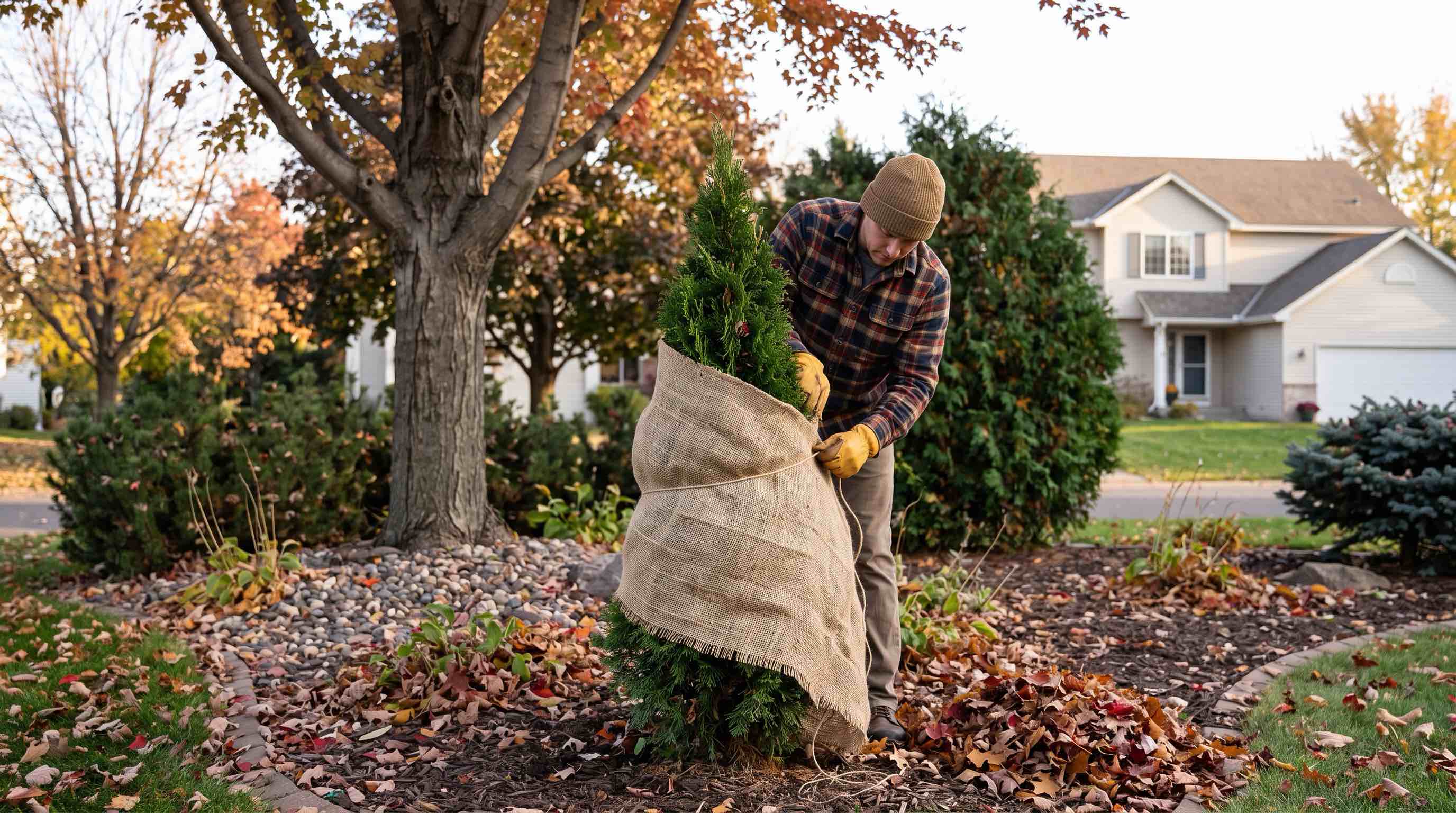 Row of burlap-wrapped arborvitae