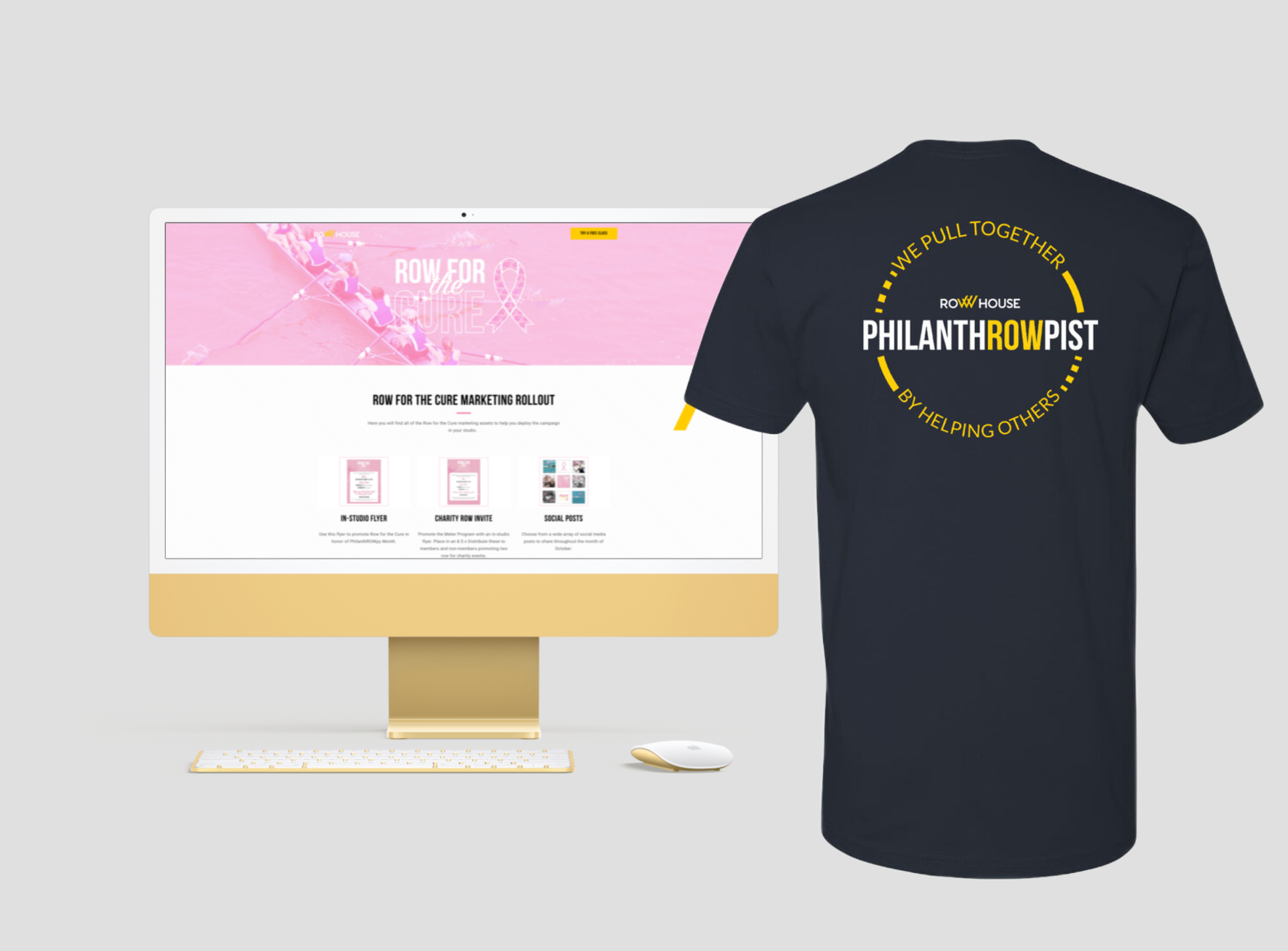 desktop computer mockup and t-shirt mockup for row for the cure