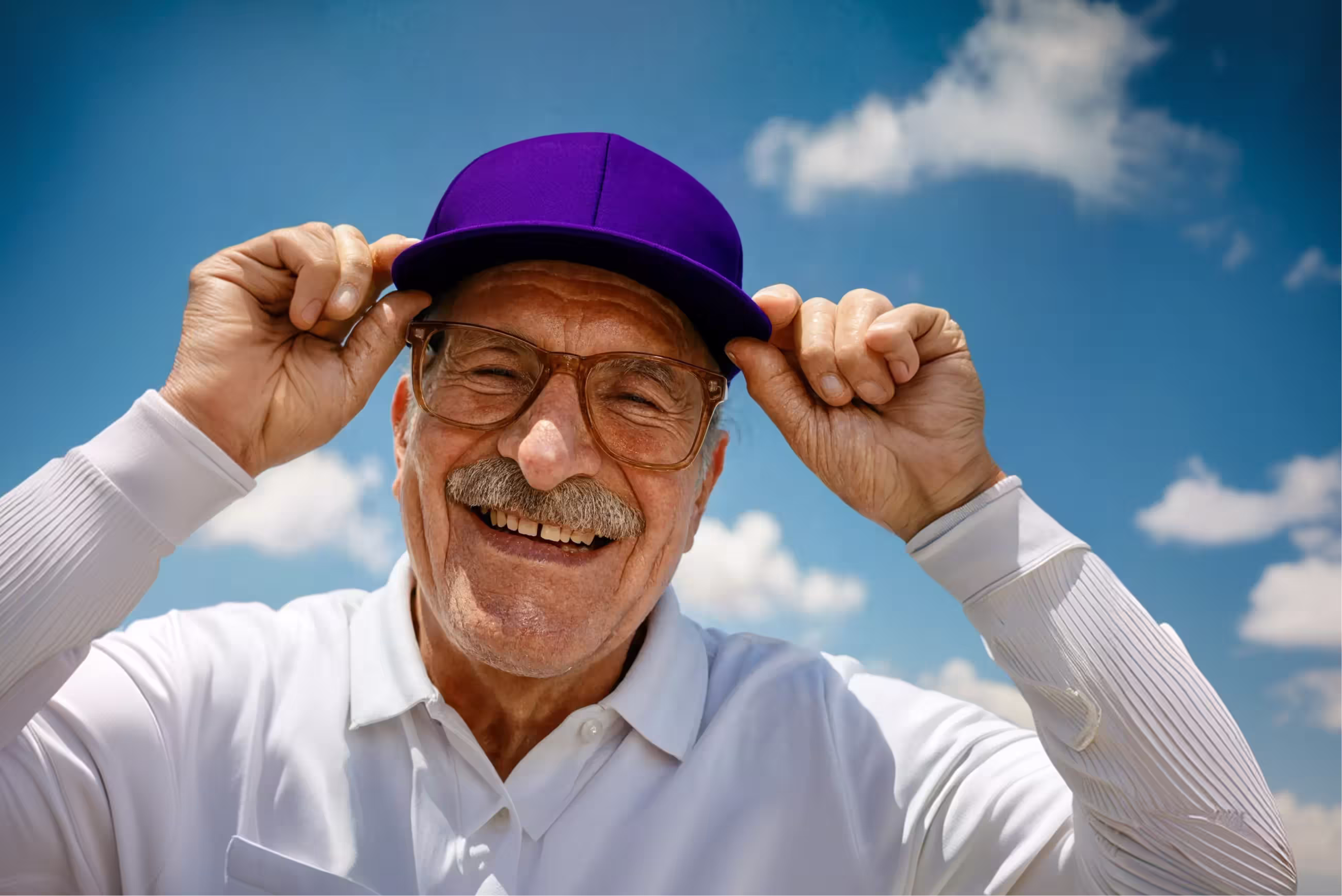 Lachende oudere man met een paarse pet en een wit shirt tegen een blauwe lucht met wolken.