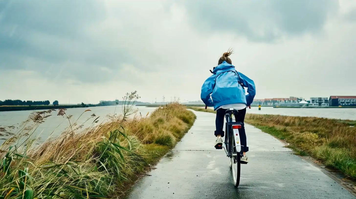 Persoon fietst op pad langs water, bewolkte lucht, landelijke omgeving.