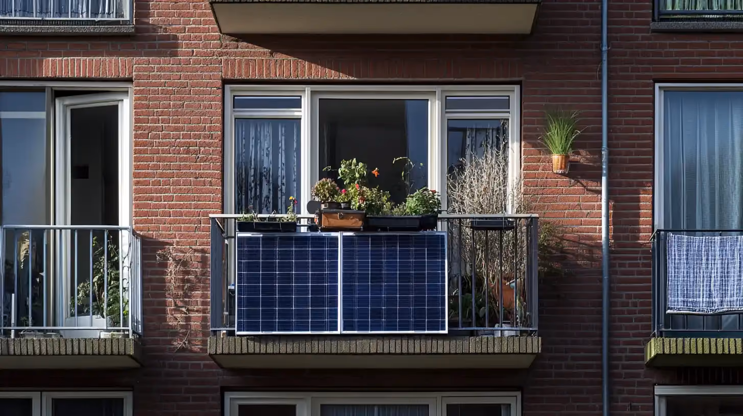 Twee zonnepanelen die van het balkon van een appartement hangen.