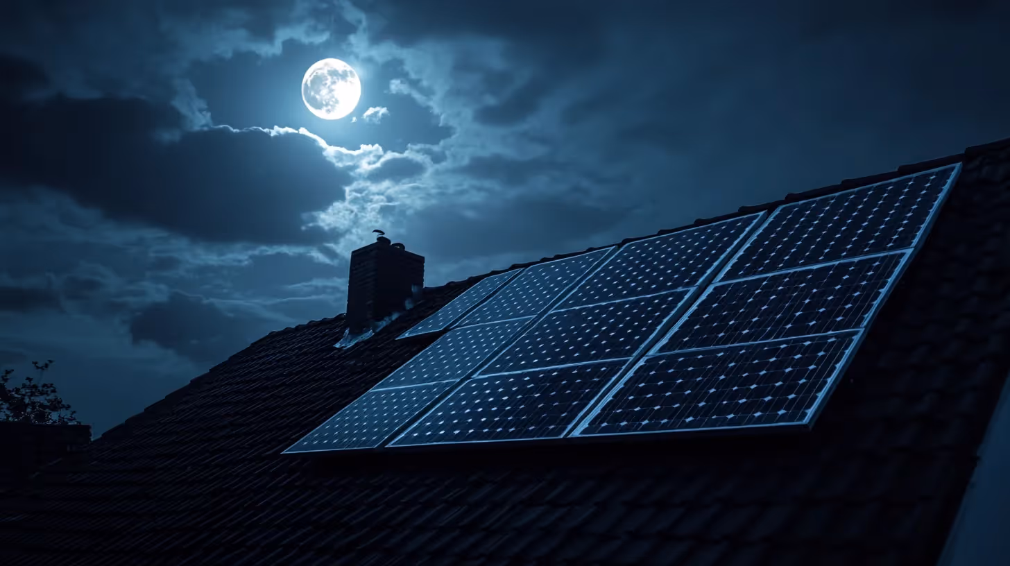 Een dak met zonnepanelen, de foto is 's nachts genomen en de maan is zichtbaar in de lucht.