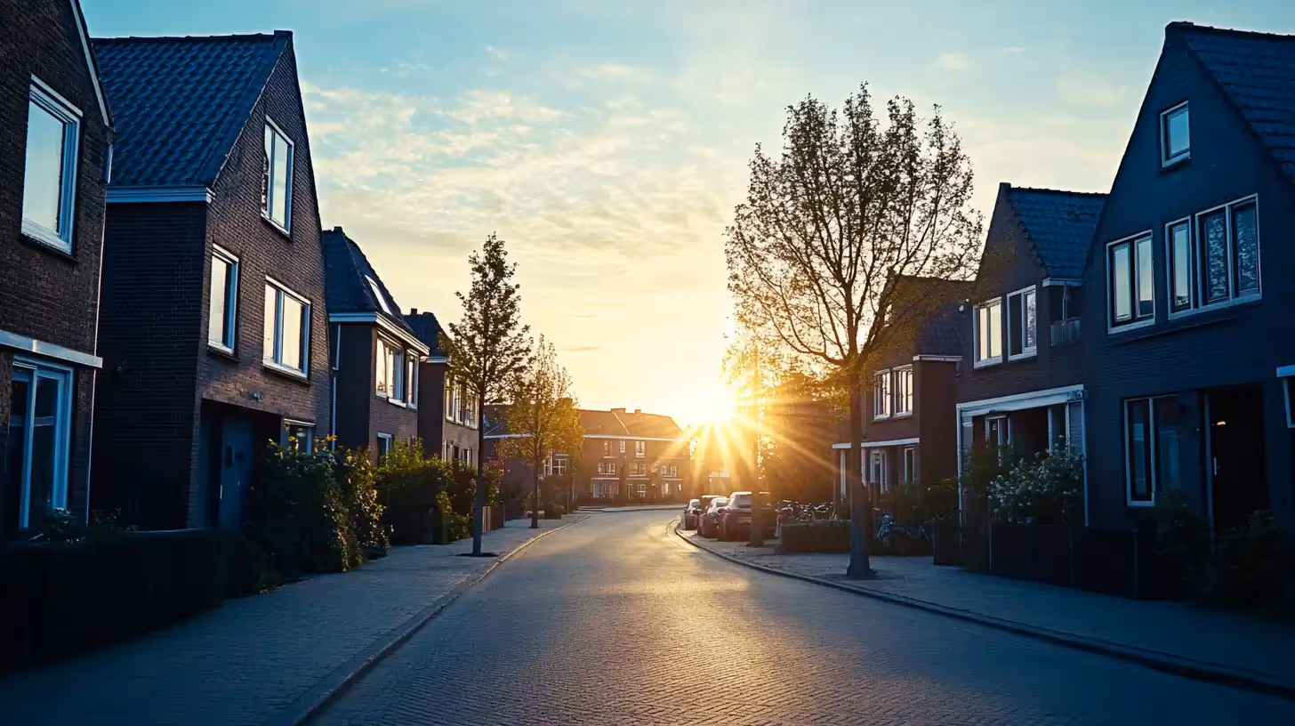 Zonsopkomst over een typische Nederlandse woonwijk.