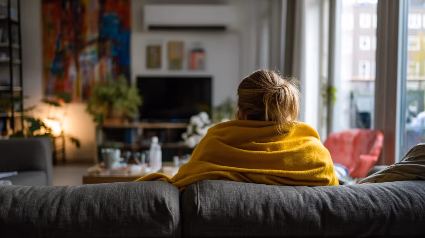 Een foto van een vrouw met een laken om haar schouders heen. Ze zit op de bank in haar woonkamer, waar een air conditioner op de muur hangt.