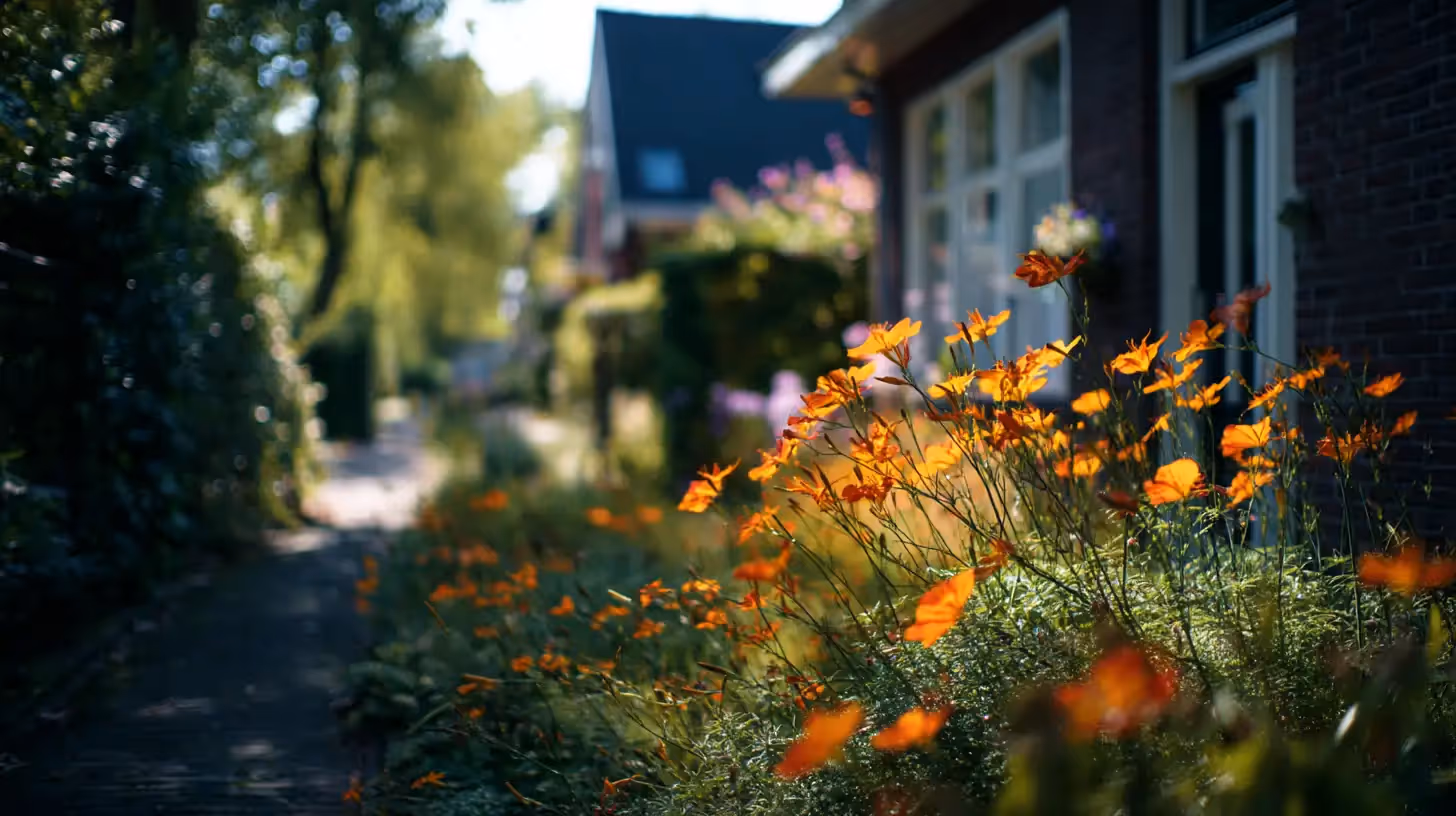 Een stel struiken met oranje bloemen, met een straat rijtjeshuizen in de achtergrond.