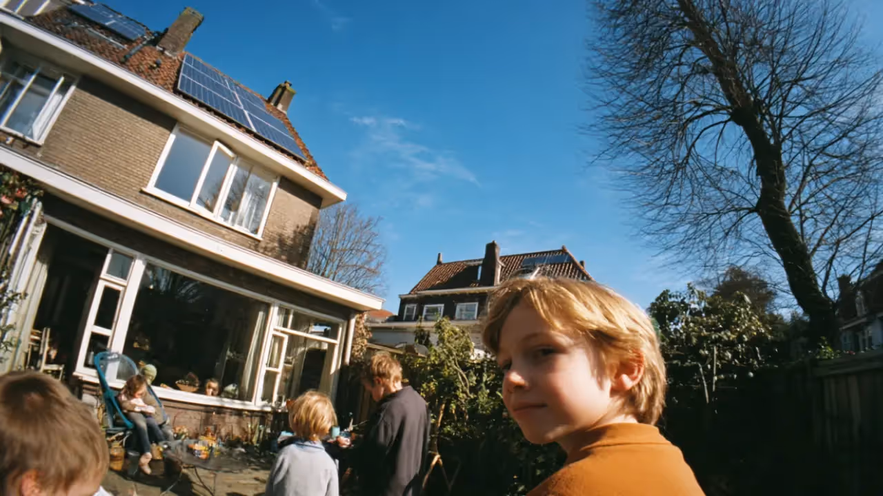 Een aantal kinderen in een tuin, huizen in de achtergrond